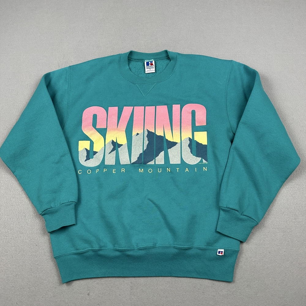 Vintage Russell Athletic Sweater Men Large Green Skiing Copper Mountain USA